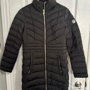 Michael Kors Black Quilted Long Puffer Jacket with Gold Zipper